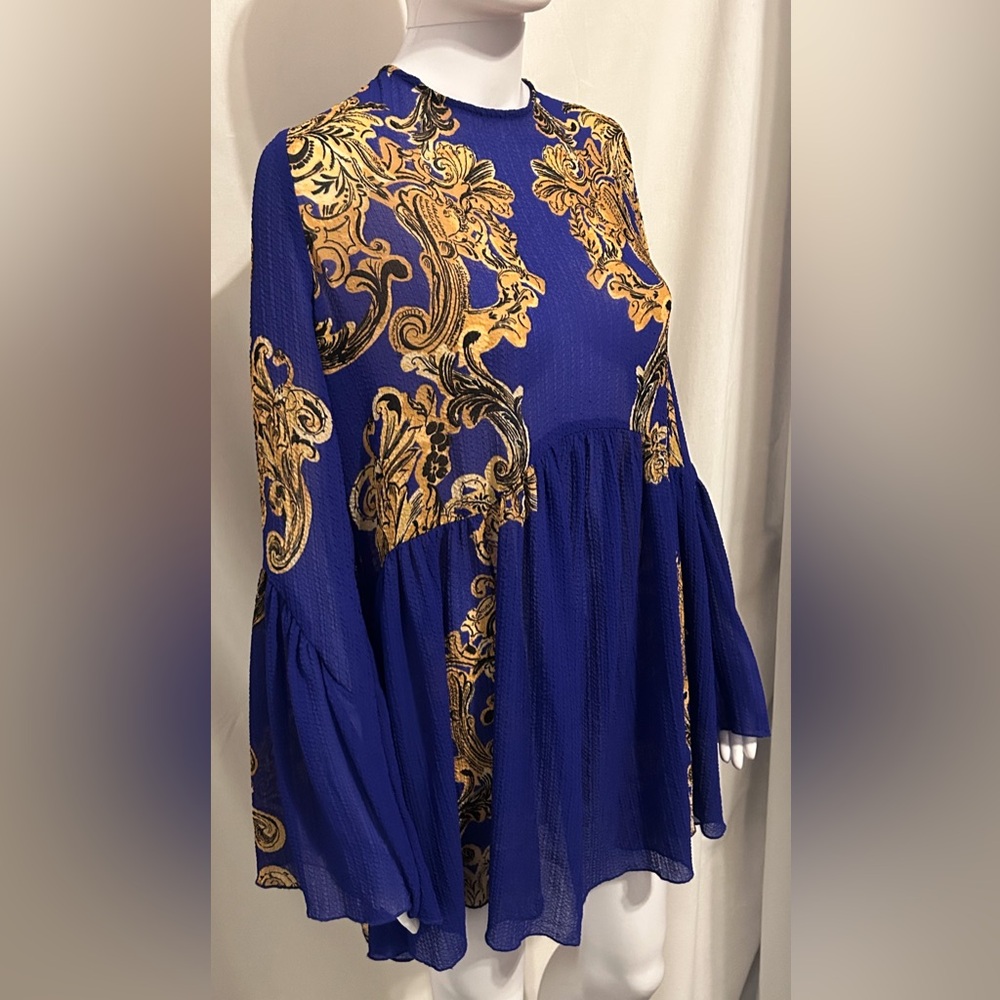 Free People M Blue + Gold Baroque Bell Sleeve Flowy Mini Dress Whimsigoth Boho